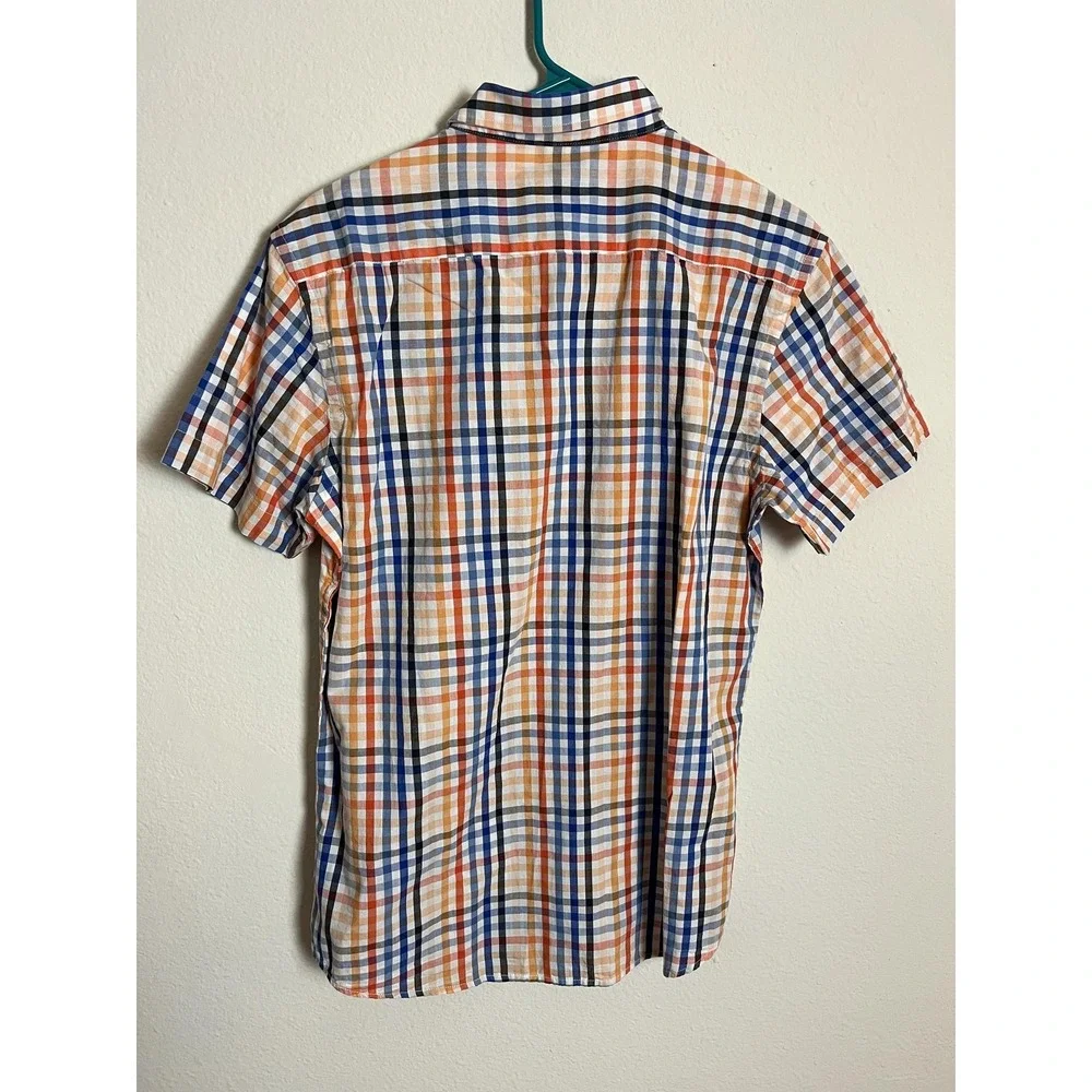 Wrangler Shirt Boys Large Orange Blue Plaid Slim Fit‎ Short Sleeve Button Down